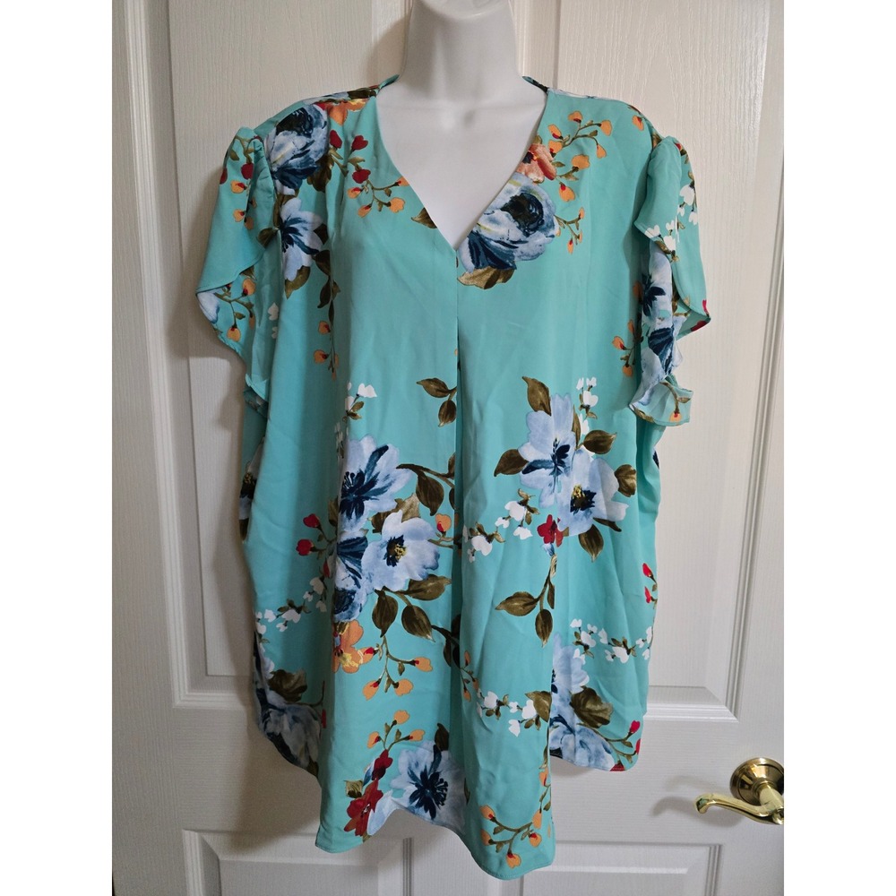 Anyally‎ Floral V-Neck Flutter Sleeve Blouse Mint Green Plus Size 3XL NWT /0555
